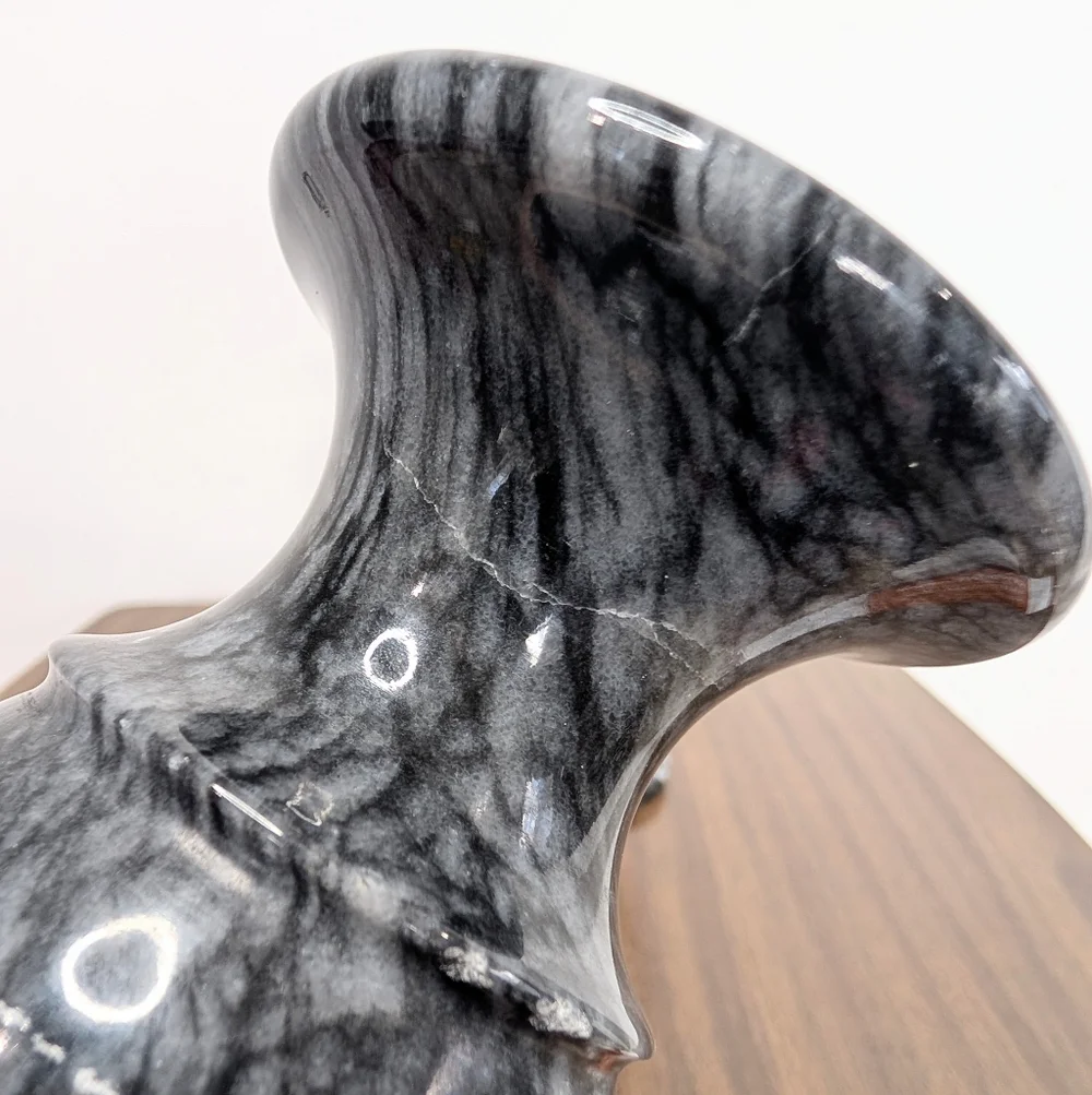 Pair Of Black & Gray Quartz Vained Marble Floral Etched Footed Vases Solid Stone